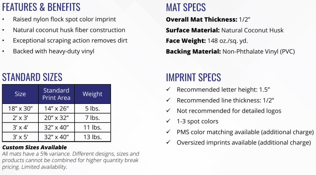 Flocked Coco Mats Chart